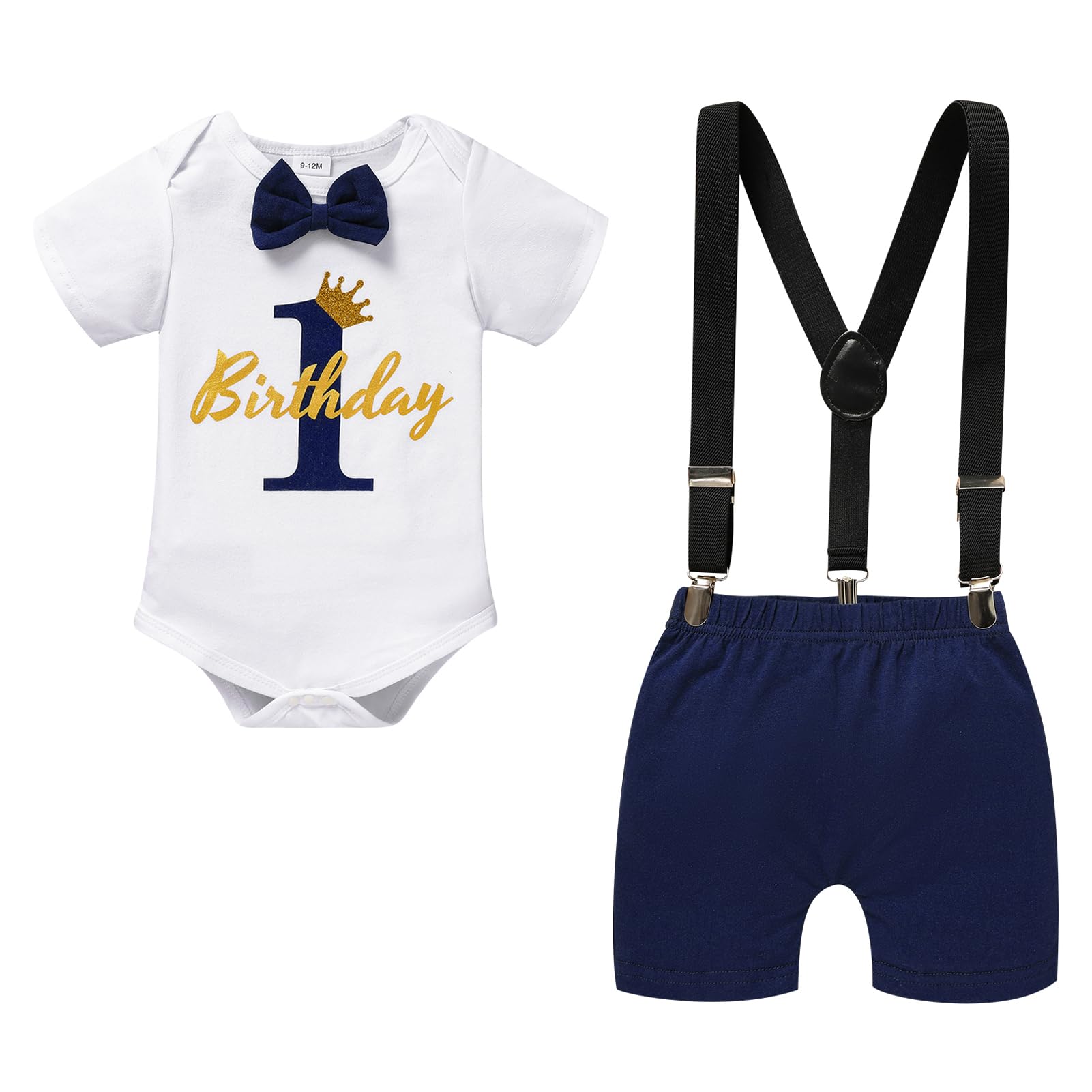 Photo 1 of GRNSHTS Baby Boy Birthday Outfits Toddler Boy Gentleman 1st Crown Romper+Suspender Bloomers Shorts Cake Smash Clothes Set(Navy Blue#2,12-18M)