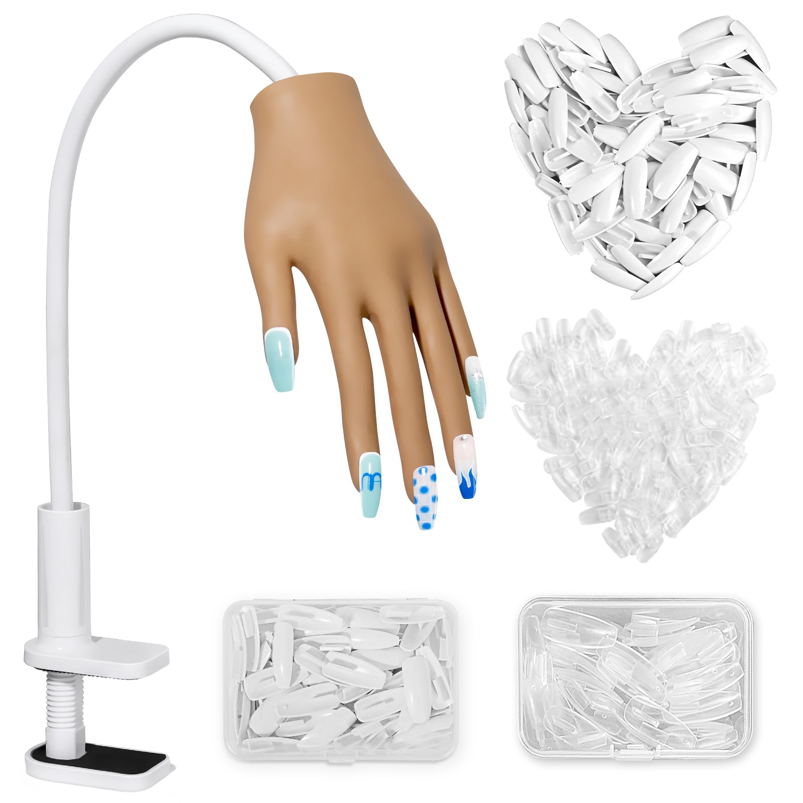 Adonafy Practice Hand for Acrylic Nails - Silicone Nail Practice Hand with 200PCS Nail Tips for Beginners - Flexible Nail Hand Practice Model for Salons Home DIY Nail Art