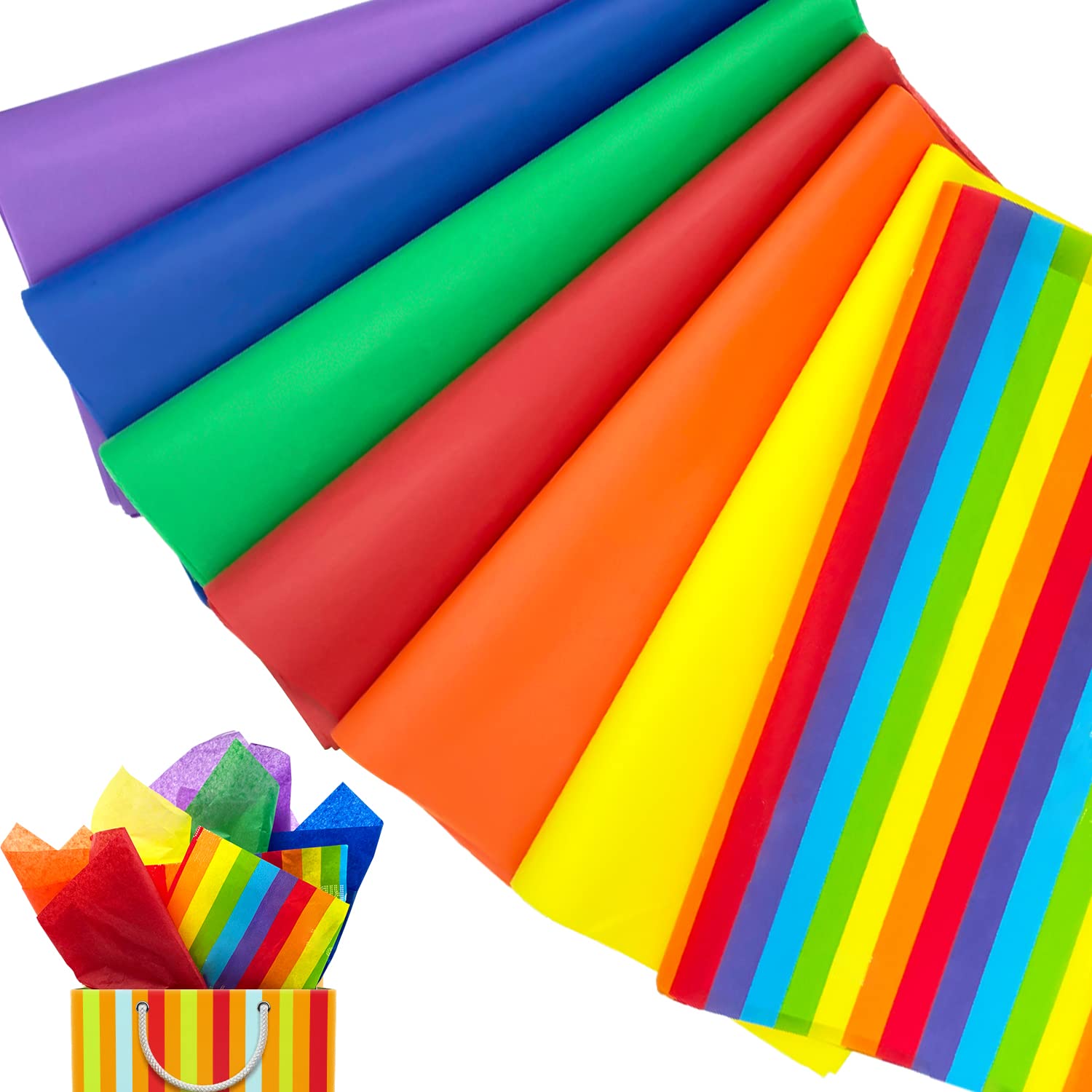 130 Sheet Rainbow Tissue Paper Colorful Stripes Art Tissue Bulk Colored Gift Wrapping Paper， for DIY Art Craft Paper Flowers, Christmas，Tassel Garland，Gay Pride Party ， Birt (130)