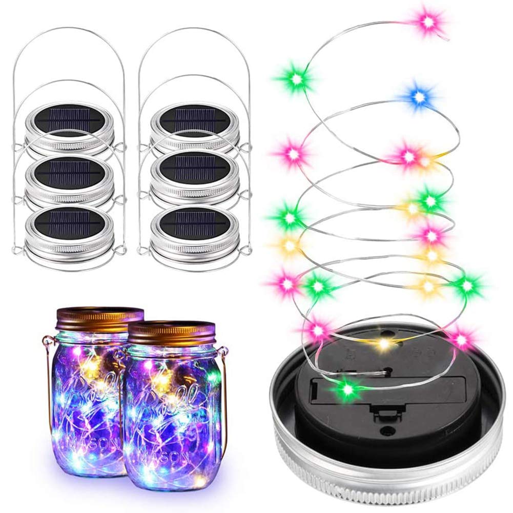 Mrisata Solar Mason Jar Lights 6 Pack 20 Led Fairy Firefly Lights Mason Jar Lids String Lights with Hanger (Jars Not Included) Best for Mason Jar Outdoor Decor for Patio Garden Yard Lawn (Silver)
