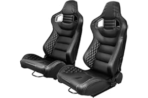 IKON MOTORSPORTS, Universal Racing Seats Pair with Dual Sliders, Black with Grey Stitch PU & Carbon Leather Reclinable Left Right