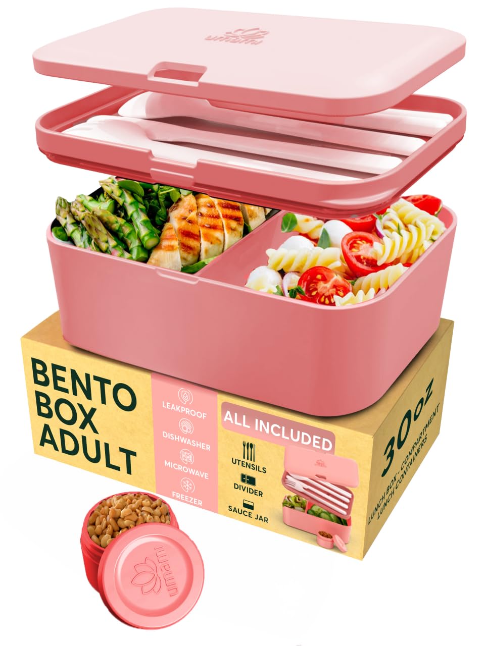 Umami Lunch Box Containers w/ 4 Utensils, Sauce Jar, Nestable Space-Saving Bento Box Adult, 100% Leakproof, Microwavable Lunch Containers for Adults, Design Award Winner
