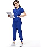 KARAZZO Scrubs Set for Women Nurse Uniform Jogger Suit Stretch V-Neck Scrub Top & Jogger Pant with Pockets for Nurse Workwear