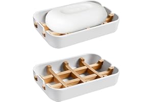 Aoheuo Modern Bamboo Fiber soap Holder and soap Dish Combination (Removable), White, 5.12 Long by 3 Wide, 0.98 inches high, Used in Kitchens, bathrooms, and bar Sinks