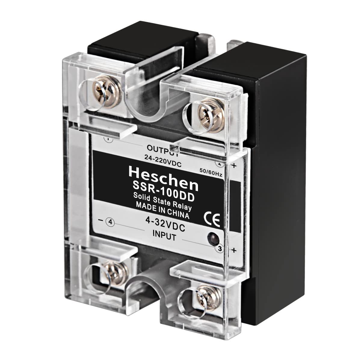 Heschen Single Phase DC Solid State Relay, SSR-100DD, Input 4-32VDC, Output 24-220VDC, 100A 50-60Hz