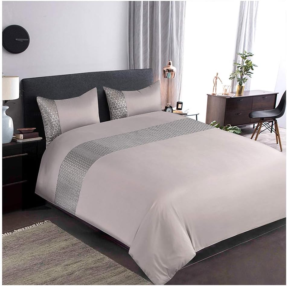Eleanor Fashion Home Duvet Cover with 2 Pillowcases, Embroidery Bedding Quilt Set with Pillowcases for Home and Hotel, Microfiber Silver Grey, Super King(Glitter)