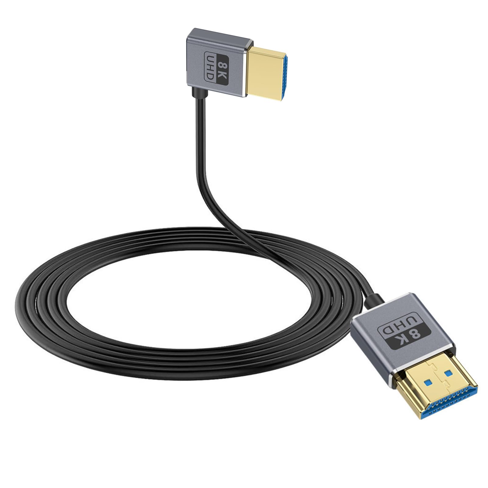 Duttek 8K HDMI to HDMI 90 Degree Cable, 48Gbps HDMI Male to Male Cable, Ultra Thin Left Angle HDMI Cord OD2.5mm, Support 8K@60Hz, 4K@240Hz, Dynamic HDR, eARC, Compatible with GH5S, PS5, PC - 1.2M