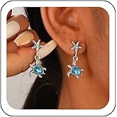 Zeshimb Boho Starfish Turtle Earrings Blue Crystal Sea Turtle Dangle Drop Earrings Diamond CZ Starfish Stud Earrings Summer Beach Tortoise Animal Statement Earrings Ocean Jewelry for Women