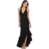 Betsy & Adam Womens V-Neck Hi Low Ruffle Scuba Crepe Special Occasion Dress, Black, 10 US