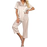 Ekouaer Womens Satin Pajamas Silk Capri Pjs 2 Piece Lounge Sets Short Sleeve Button Down Sleepwear