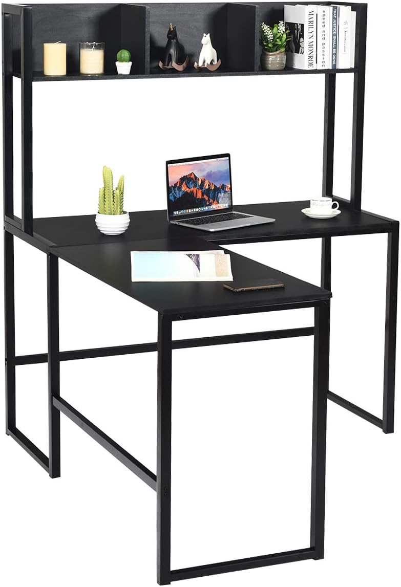 Tangkula 55 Inches L Shaped Desk Space Saving Corner Computer Desk Study Writing Table With Storage Hutch Black Gaming Table Home Office Desk Computer Workstation With Storage Bookshelf Office Products Office Furniture