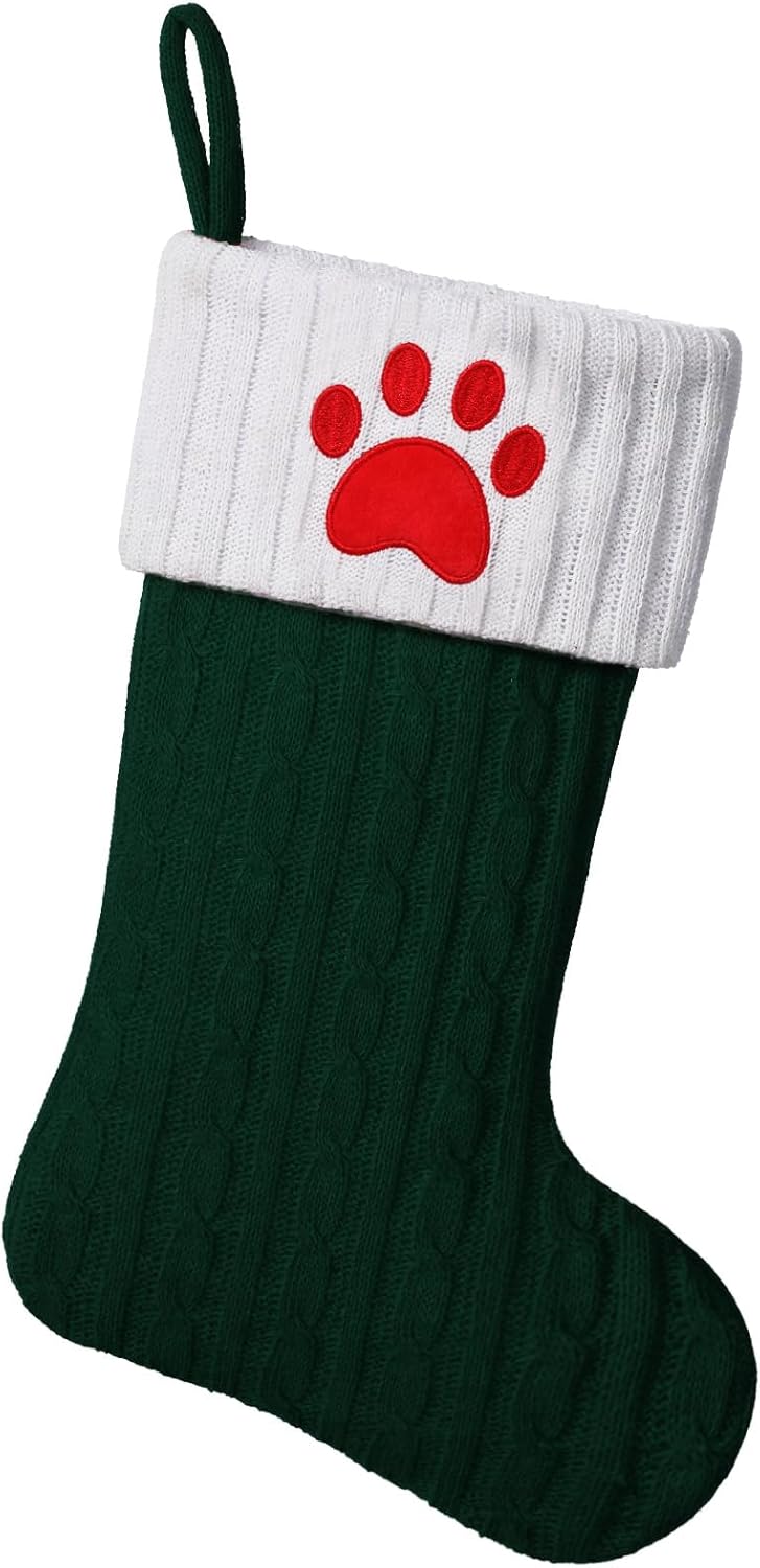 Stockings & Holders - Yehnois19.5-inch Green Knit Monogram Christmas Stockings, Personalized Initial Christmas Stocking, Family Holiday Xmas Party Decor (Paw)