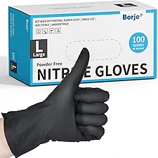 Borje Nitrile Gloves Large, 100 Count Disposable Gloves, 4 Mil, Black, Latex-Free Powder-Free, Medical Exam, Food Safe, Cleaning, Cooking
