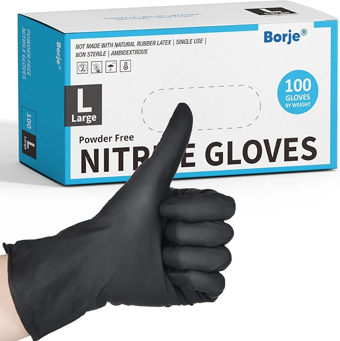 Borje Nitrile Gloves Large, 100 Count Disposable Gloves, 4 Mil, Black, Latex-Free Powder-Free, Medical Exam, Food Safe, Cleaning, Cooking