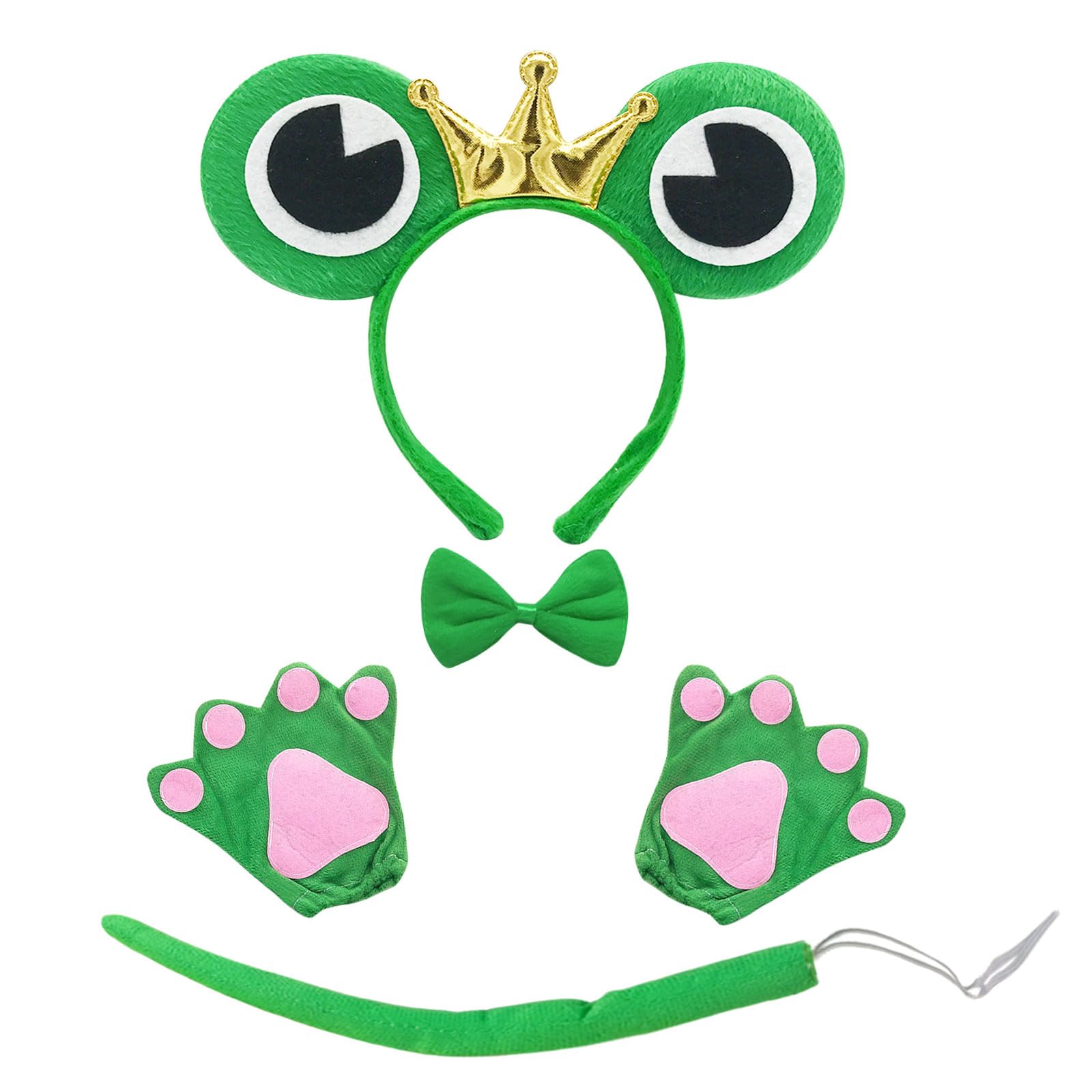 EUPSIIU 4 Pieces Frog Costume Set for Kids Boys Girls Included Frog Ears Headband Bow tie Frog Tail Paw Gloves Children Animal Costume Children Fancy Dress Up Cat Cosplay Halloween Carnival (Green)
