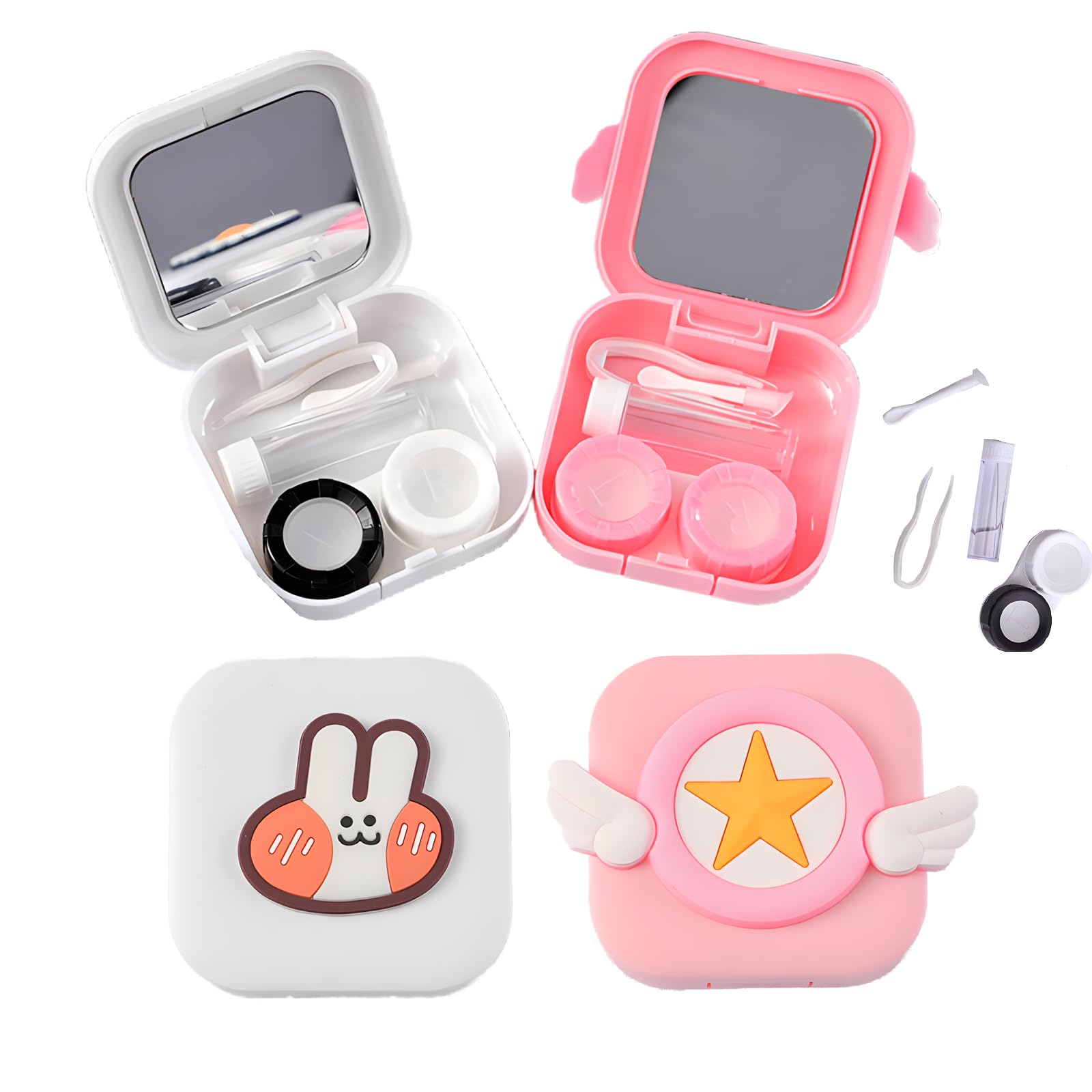 JYJLLM Travel Contact Lens Case with Mirror - Portable 2 Pack Lens Kit with Tweezers & Suction Stick, Mini Holder Box (Pink & White)
