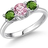 Gem Stone King 14K White Gold Pink Lab Grown Diamond & Green Tourmaline 3-Stone Engagement Ring | 1.00 Cttw | Round 5MM and 4MM | 3 Stone Wedding Anniversary Promise Ring For Women