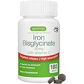 Igennus Clean Iron Bisglycinate 20mg with Vitamin C, 180 Tablets | Gentle and high-absorption chelated iron with targeted release; vegan 6-month supply