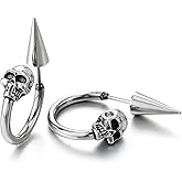 Half Hoop Skull Stud Earrings for Man Women, Stainless Steel, Spiked Screw Back, 2 pcs