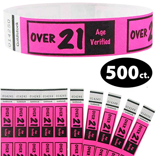 Tyvek Wristbands - Goldistock Over 21 Neon Pink 500 Ct. - ¾" Arm Bands- Extra Durable Paper-Like Party Armbands- Heavier Tyvek Wrist Bands = Upgrading Your Event - Easy Drinking Age Identification
