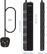 PARTH 2M Black Extension Lead 5 Gang Surge Protection UK Plug 13A 3250W view 8