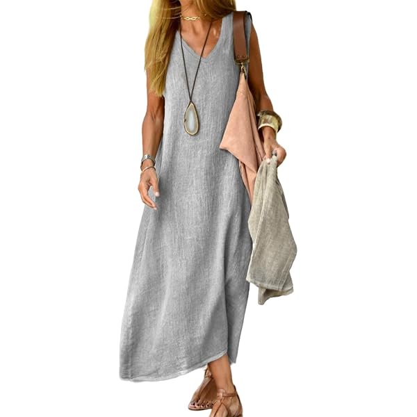 ZOCANIA Cotton Linen Sundresses for Women Sleeveless Maxi Dress V Neck Sun  Dress Beach Linen Midi Dresses Plus Size Summer Loose Long Flowy Tank Dress, Grey,S at Amazon Women's Clothing store