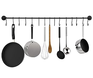 Greenco GRC30756 Pot And Pan Wall Mounted Rail With With 15 Hooks, Black