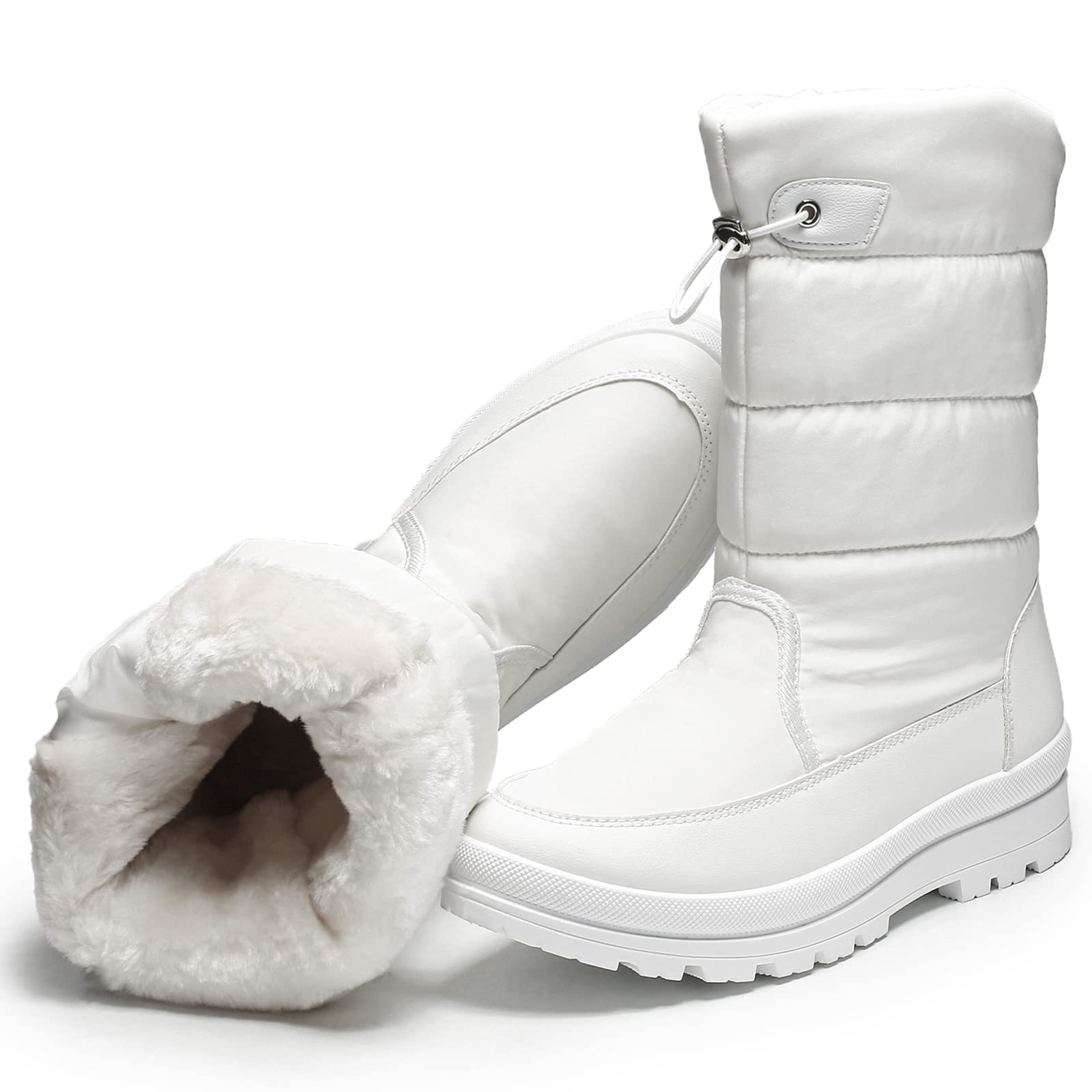 Photo 1 of HYPOCRUTE Women's Warm Snow Boots with Fur Lined Black and White Wide Winter Boots Water-resistant Mid Calf Boots for Hiking,Working,Outdoors(White US7)