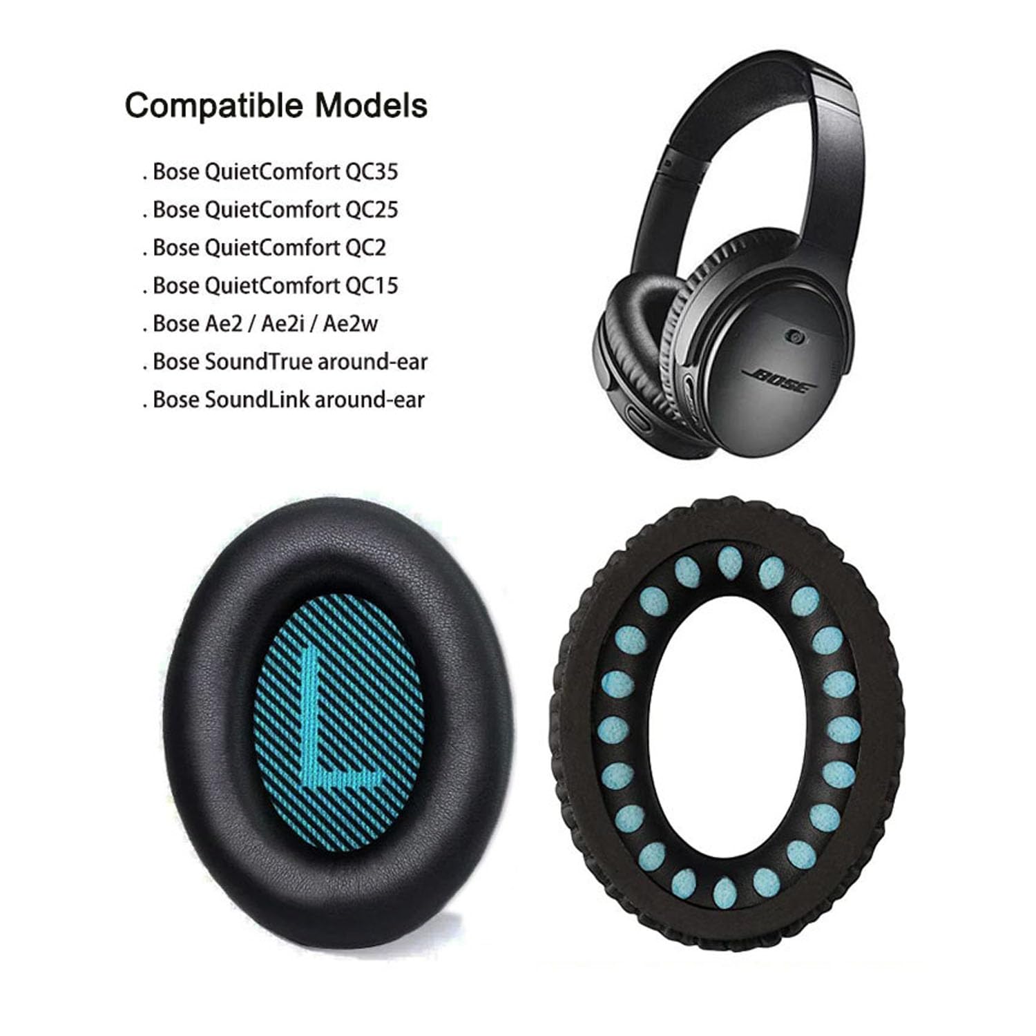 Bose Headphones Replacement Ear Pads for QuietComfort QC35/35ii/25/2/15 Ear Cushions for QC35 QC35ii QC25 QC2 QC15 Ae2 Ae2i Ae2w Sound True & SoundLink (Around-Ear Series Only) Protein Leather