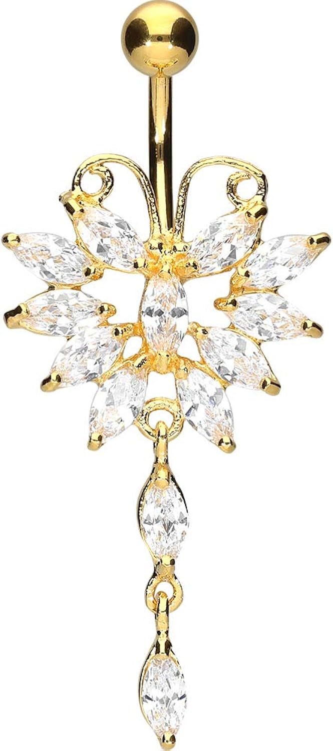 PIERCINGLINE 316L Surgical steel belly button ring dangle with brass design BIG BUTTERFLY Navel Ring Belly Piercing