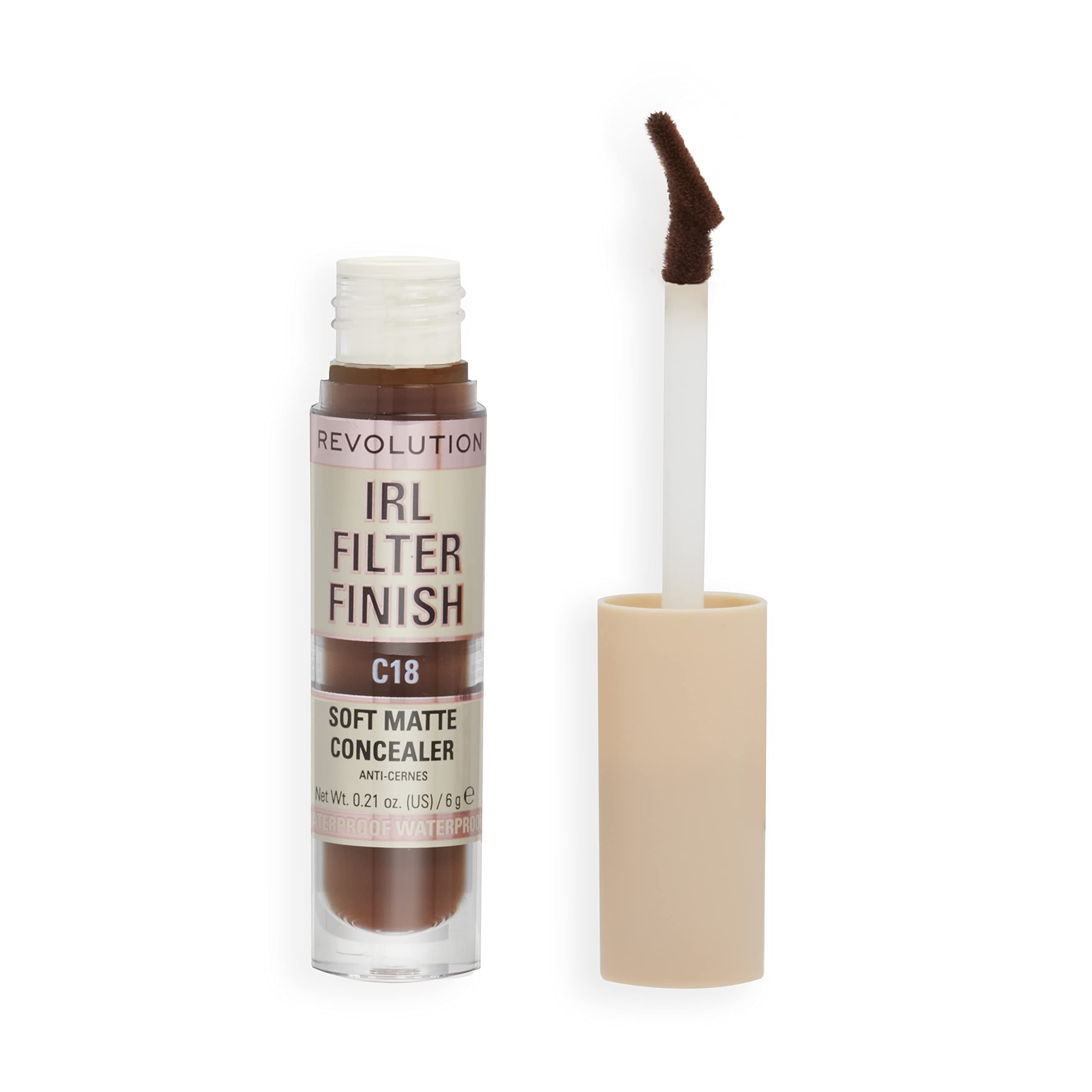 Makeup Revolution IRL Filter Finish Concealer, Medium to Full Coverage, Matte Finish, C18, Dark Skin Tones, 6g