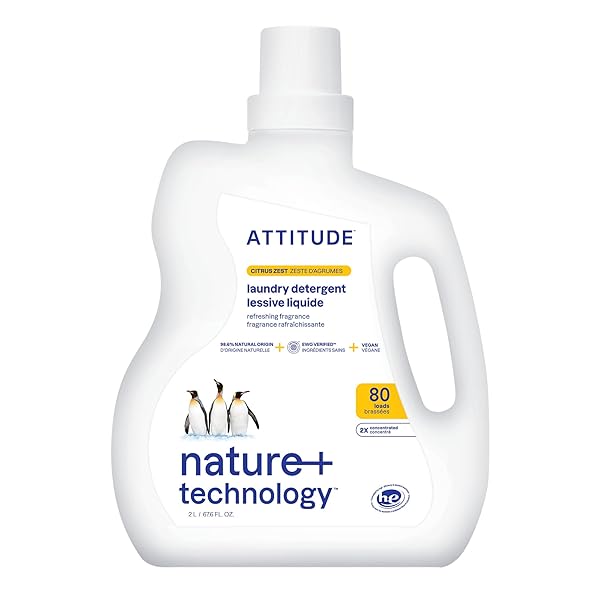 ATTITUDE LIQUID LAUNDRY DETERGENT, EWG VERIFIED LAUNDRY SOAP, HE COMPATIBLE, VEGAN AND PLANT BASED PRODUCTS, CRUELTY-FREE, CITRUS ZEST, 80 LOADS, 67.6 FL OZ