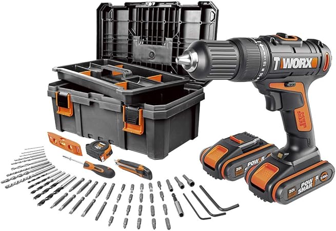 Worx Wx371 5 Perceuse Perceuse 20 V 2 0 Ah 2 Bat Boite Avec 55 Outils Noir Amazon Fr Bricolage