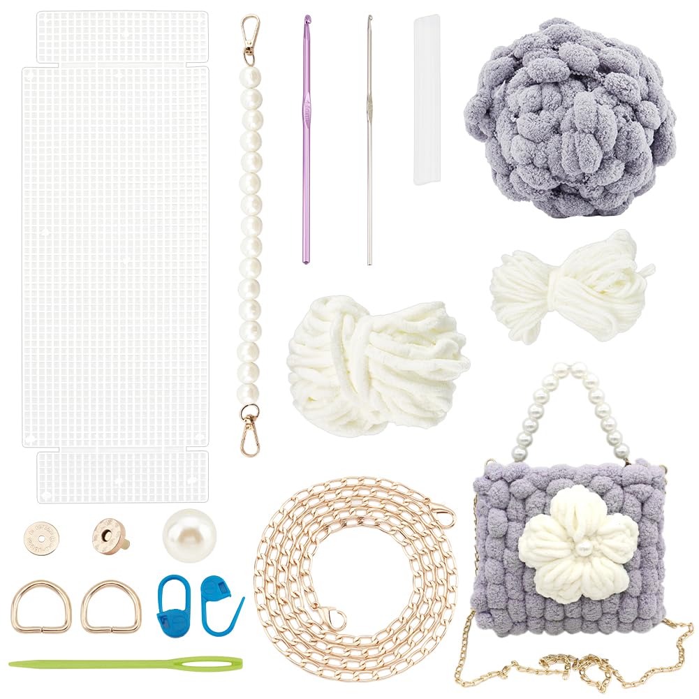 WADORN DIY Crochet Handbag Making Kit, Hand-Knit Woven Tote Bag Making Kit Mesh Plastic Canvas Sheets Needlepoint Kit Handmade Shoulder Bag Making All Tool, Grey