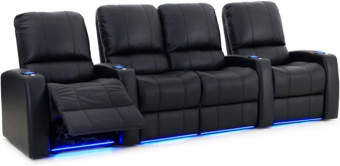 Blaze XL900 Home Theatre Furniture - Black Premium Leather - USB Charging Port - Memory Foam - Accessory Dock - Lighted Cups - Power Recline - Straight Row 4 with Middle Loveseat: Furniture & Decor