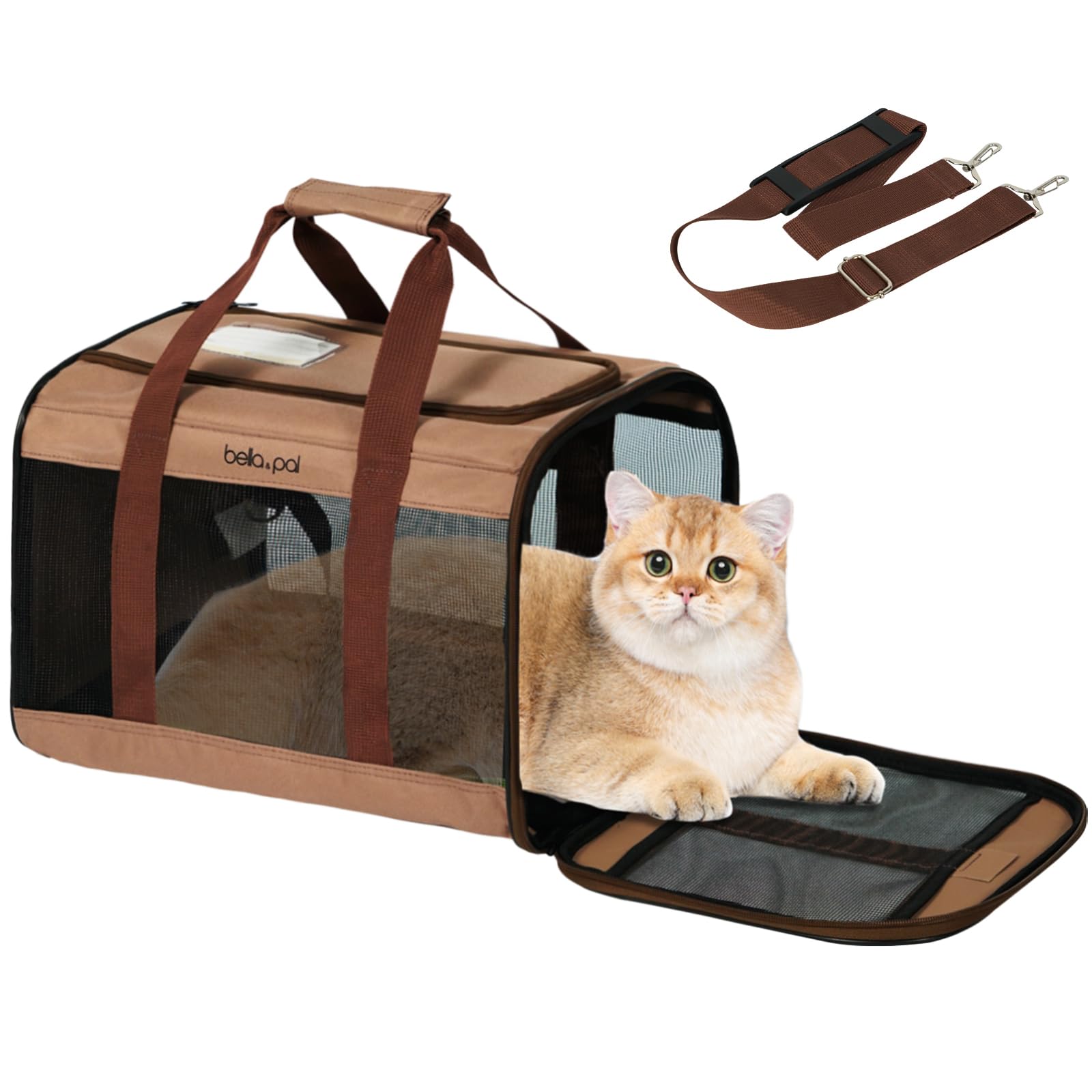BELLA & PAL Cat Carrier, Foldable Pet Travel Carrier for Cats & Puppy, Airline Approved, Scratch-Resistant Mesh | Escape-Proof | Adjustable Shoulder Strap | Removable Mat, M (for Planes, Cars & Vets)