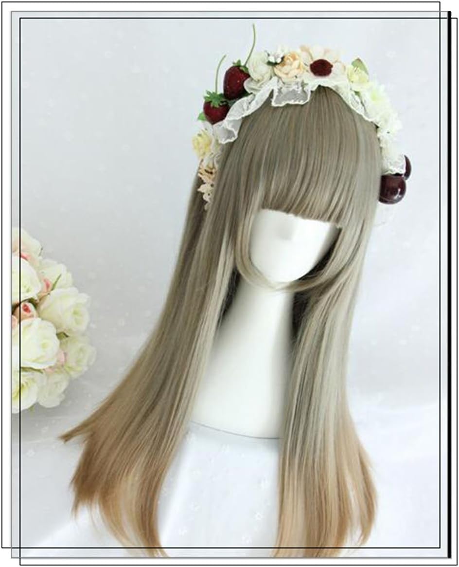 Sweet Japan Harajuku Slim Long Straight Hair Wigs Gradient Color Wigs Personalized Flat Bangs for Teen Girls Women - 100% High-temperature Fiber Wigs - Festive Dress Wigs For Halloween Christmas