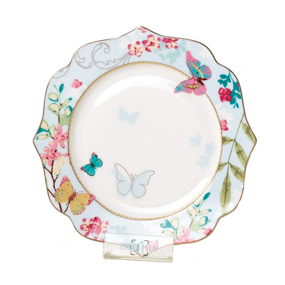 YBK Tech Bone China Dessert Plate/Salad Plate Ceramic Plate for Breakfast Afternoon Tea- Butterfly Pattern (Blue (7.5inches Salad Plate))