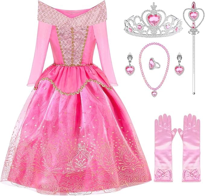 Gekyve Princess Costumes for Girls, Princess Aurora Pink Fancy Dress, Sleeping Beauty Dressing Up Clothes Outfit for Kids Birthday Party Halloween