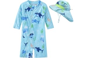 ERDAWUM Toddler Baby Boys Swimsuit Rashguard One Piece Zipper Bathing Suit with Sun Hat Infant Swimwear Sunsuit UPF 50+