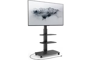 FITUEYES Rolling TV Stand with Power Outlets, Swivel Portable TV Stand for 32-70 Inch LCD LED OLED Flat/Curved Panel Screen TVs, Height Adjustable&Wood Base, Mobile TV Cart with 2 Shelves, Black