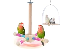 JONS NTY 9" Hanging Bird Perch Toy for Cage, 360° Silent Free-Spin, Wooden Bird Cage Accessories, Relieve Boredom Anxiety, for Parrots, Parakeets, Cockatiels, Small to Medium Birds, with Poplar Swing