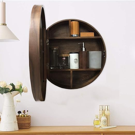 Tinytimes 23 63 Wooden Round Mirror Cabinet Round Vanity Mirror Medicine Cabinet Strong And Heavy Bathroom Cabinet With Cabinet With Round Mirror Dark Brown Amazon In Home Kitchen