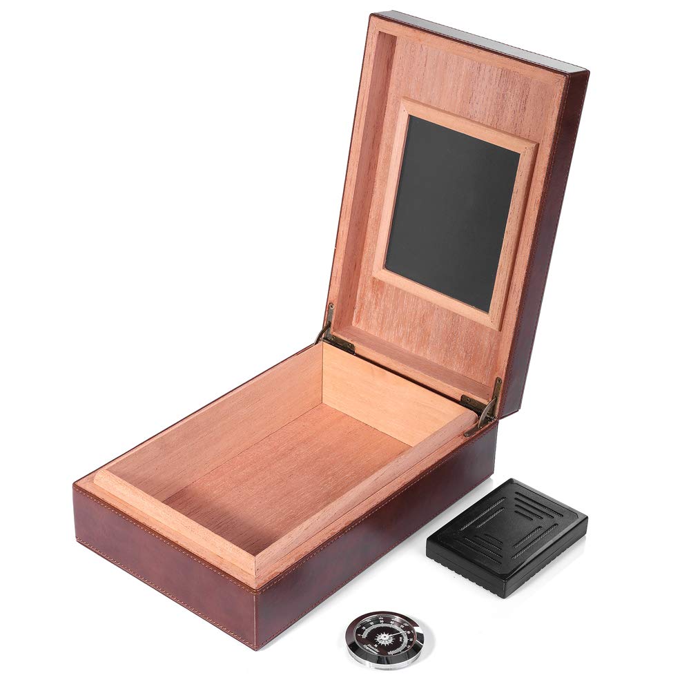 MEGACRA Cedar Cigar Humidor, Leather Cigar Box with Hygrometer and Humidifier Portable Travel Cigar Humidor Holds 10-20 Cigars