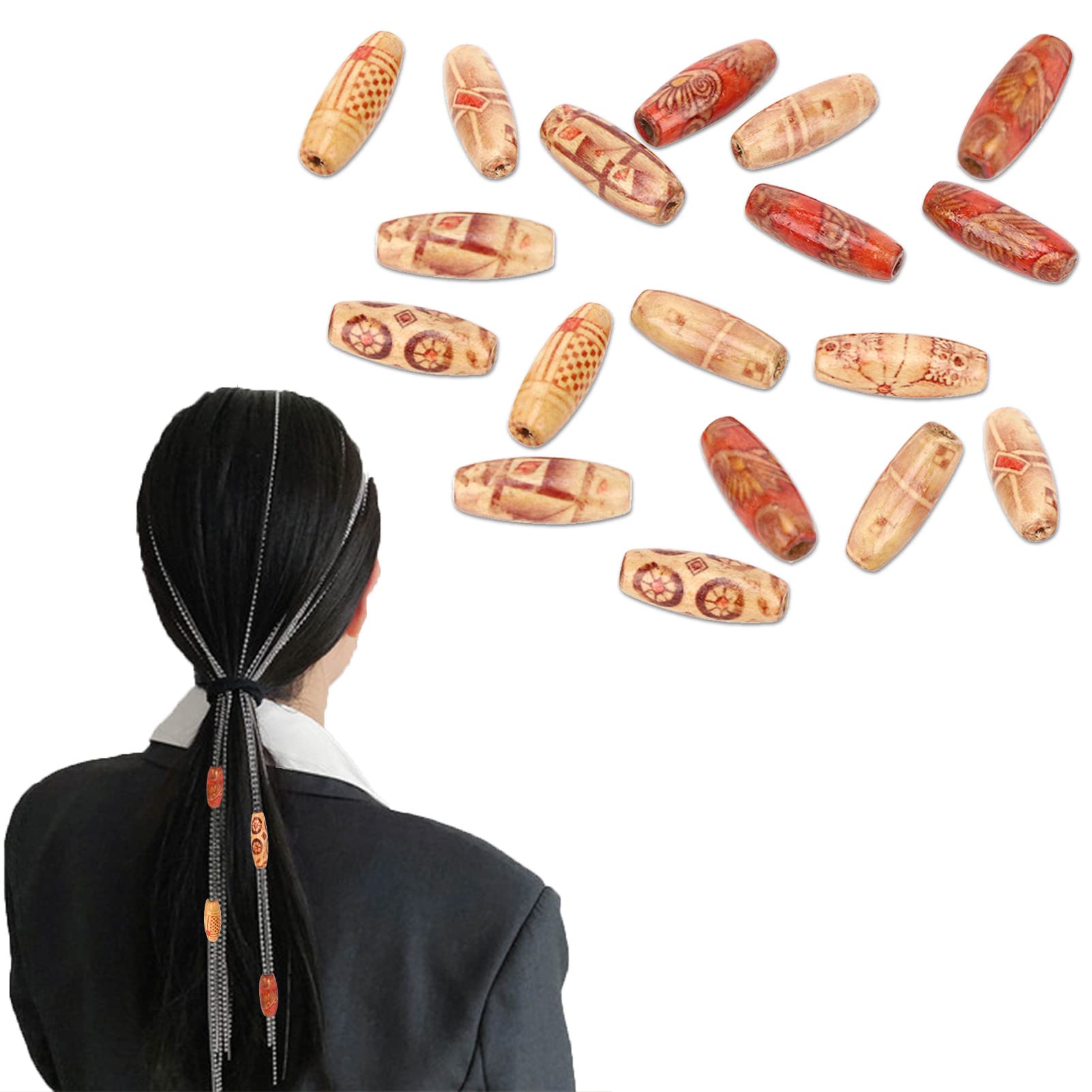 200Pcs Printed Wooden Beads, Macrame Large Hole Beads Wooden Oval Beads Various Pattern Loose Wooden Beads for Bracelet Beading Crafts DIY Jewelry Making Hair Decor, 23x8mm