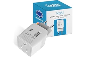 Ceptics 3 in 1 European Travel Plug Adapter - Compact Type C Adapter with USB-A & USB-C, Ideal for Phones, Laptops, Cameras & More, Perfect for Belgium, France and other EU countries - CTU-9C