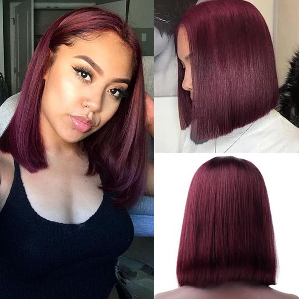 Datanala Bob Wig Human Hair 12Inch 99J Brazilian Virgin 100% Unprocessed Straight Human Hair 13X4 Transparent Lace Front Wigs Pre Plucked Bleached Knots Straight HD Lace Front Bob Wig โ image 1