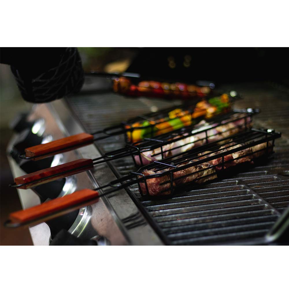 Kabob Grilling Baskets BBQ Tools Holders Non Stick with Wooden Handle
