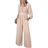 Happy Sailed Women's Long Sleeve Jumpsuits Loose Fit Overalls Square Neck Pockets High Waisted Wide Leg Pants Rompers