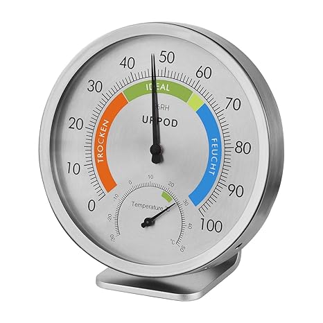 Uppod Thermo-Hygrometer Präzisions-Hygrometer Aussen Edelstahl Keine Batterie, Loch Edelstahlkörper für feuchte Umgebung Inne